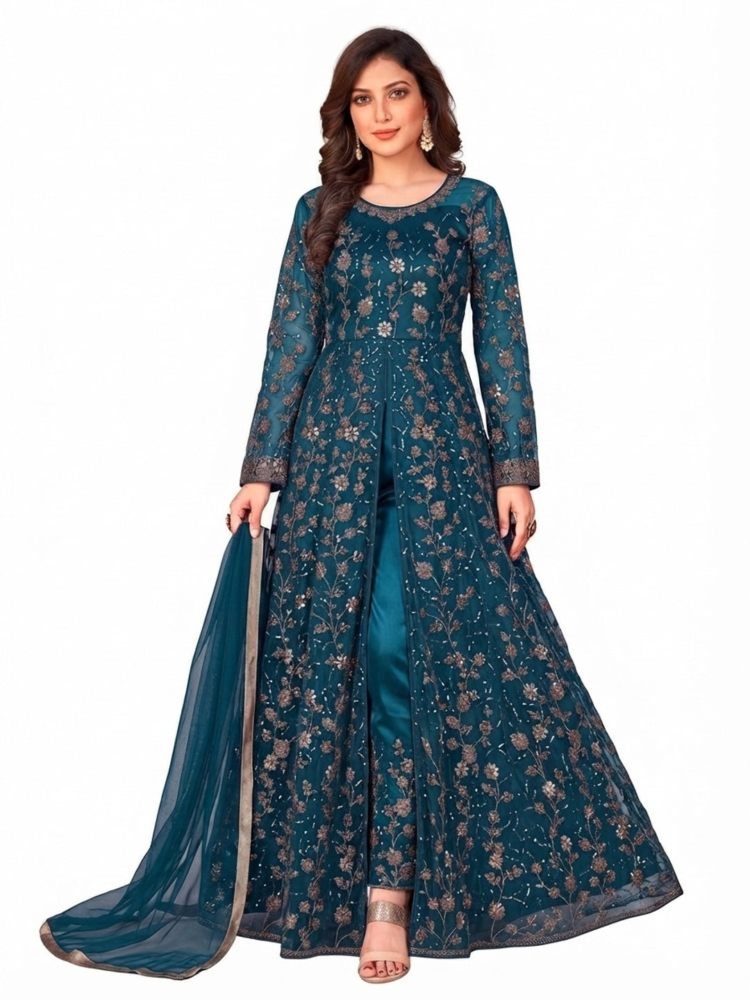 Morpich Embroidered Net Semi Stitched Anarkali Style Suit - Image 2