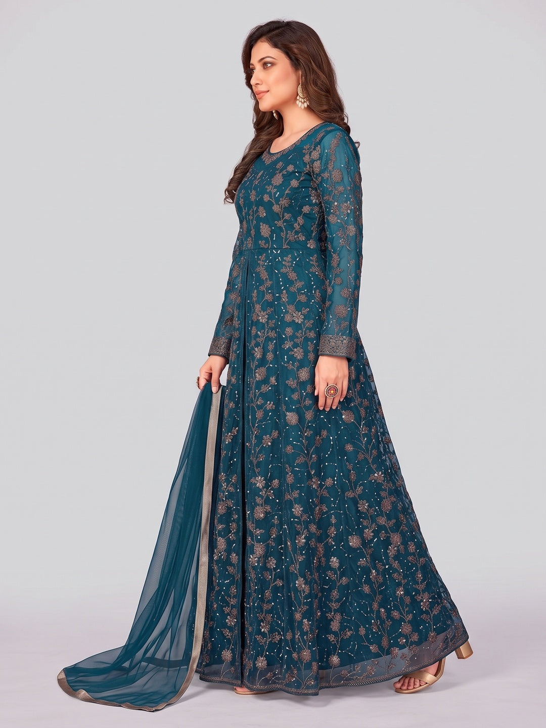 Morpich Embroidered Net Semi Stitched Anarkali Style Suit - Image 4
