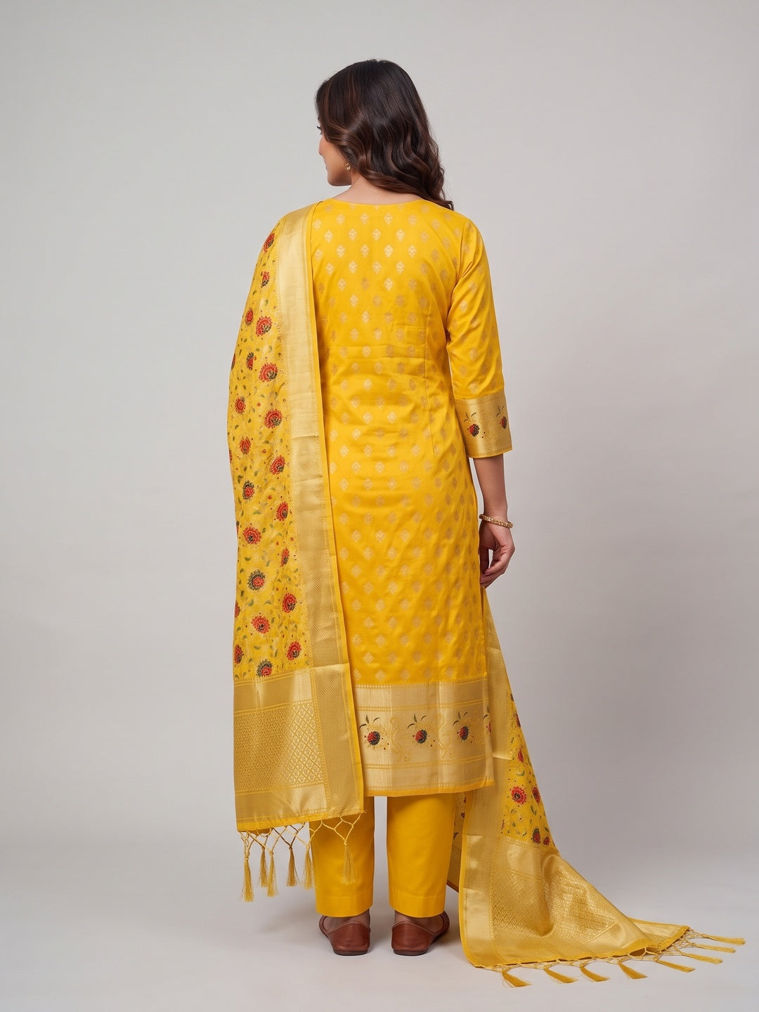 Yellow Floral Woven Banarasi Silk Dress Material - Image 2