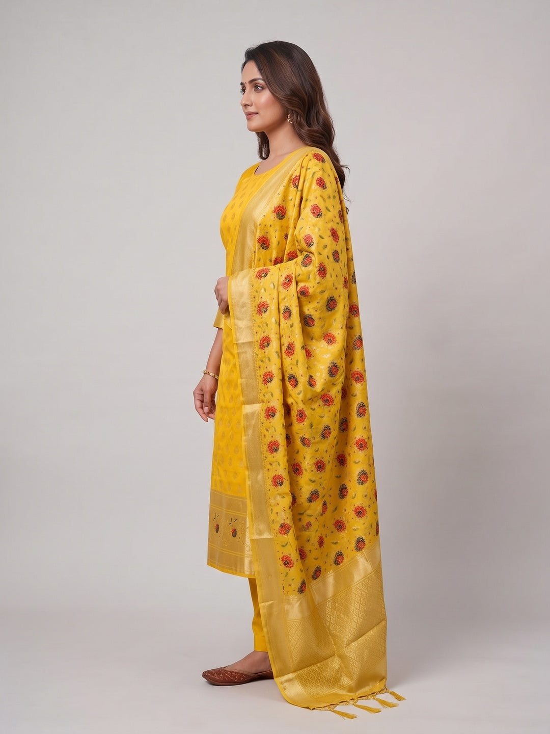 Yellow Floral Woven Banarasi Silk Dress Material - Image 3