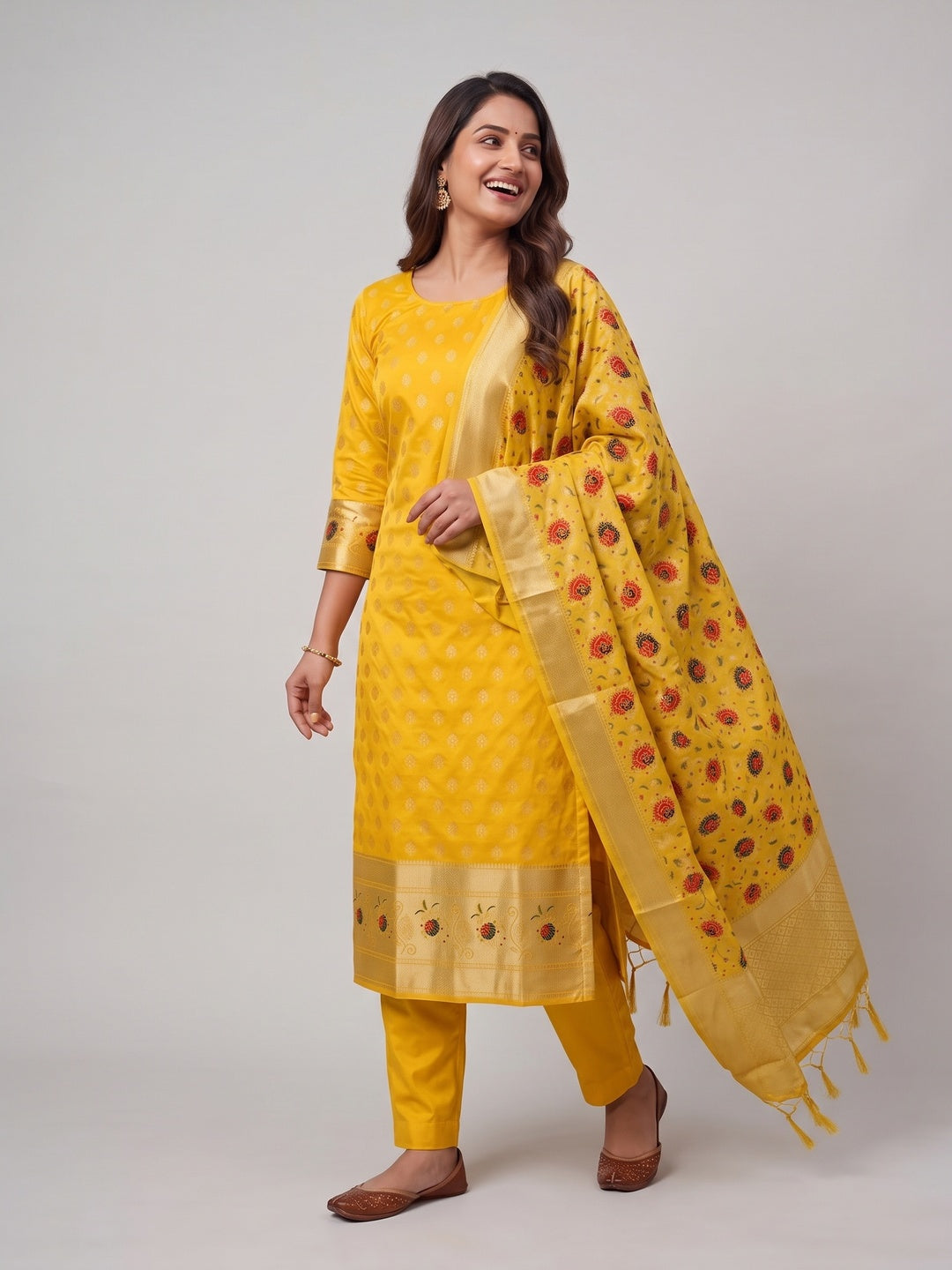 Yellow Floral Woven Banarasi Silk Dress Material - Image 4