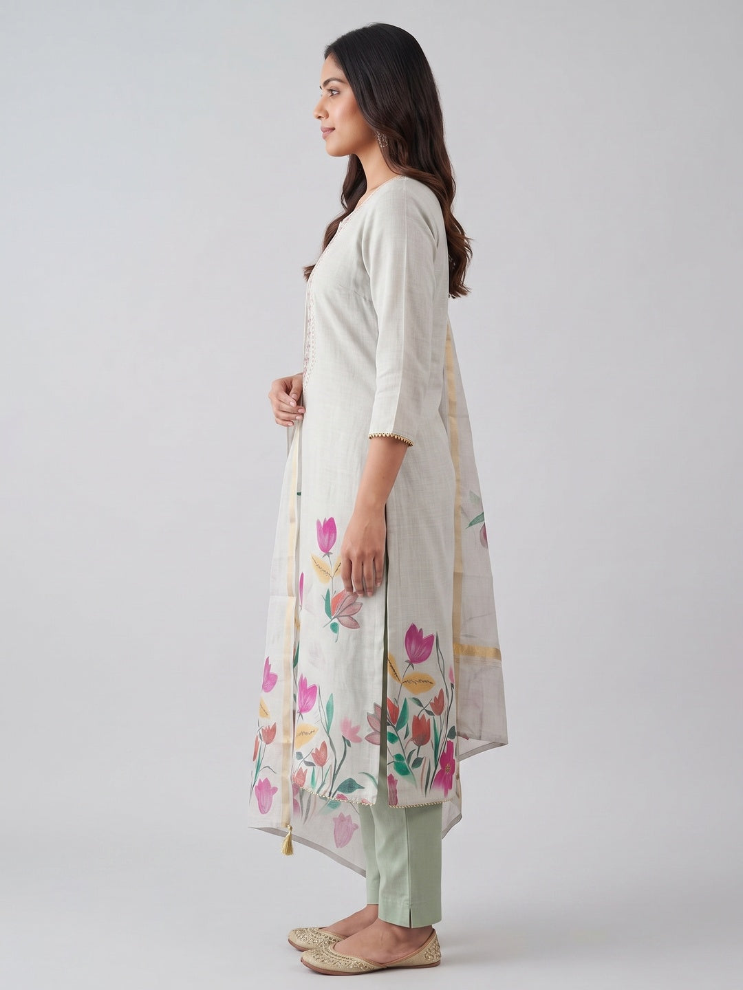 Elegant Grey Linen Dress Material with Floral Thread Work and Dupatta - Image 8