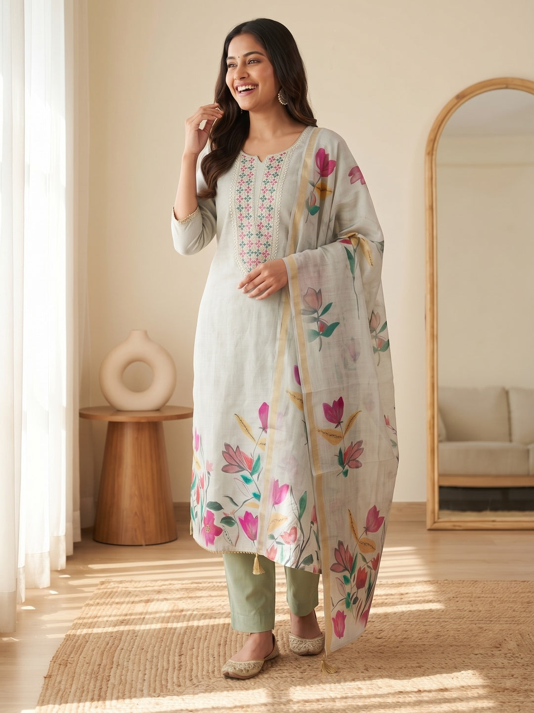 Elegant Grey Linen Dress Material with Floral Thread Work and Dupatta - Image 9