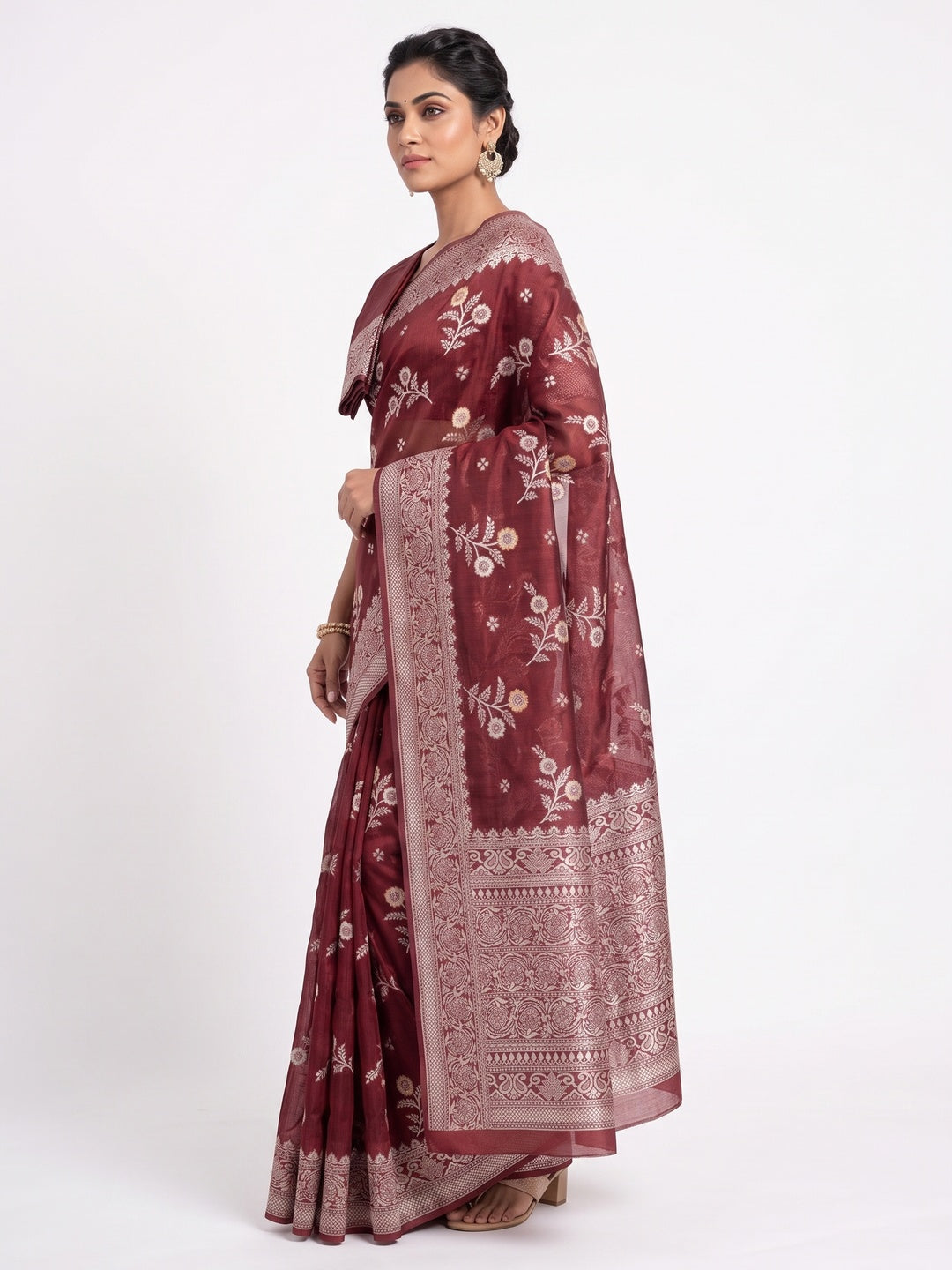 Festive Wear Maroon Banarasi Silk Saree with Floral Zari Work - Image 3
