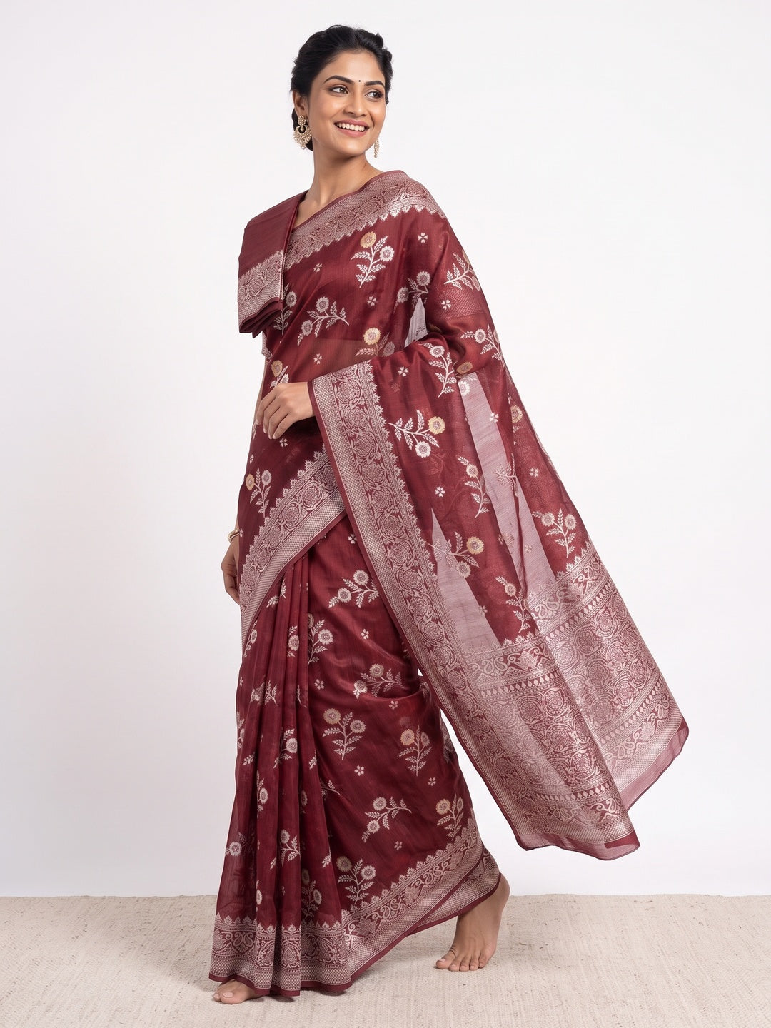 Festive Wear Maroon Banarasi Silk Saree with Floral Zari Work - Image 4