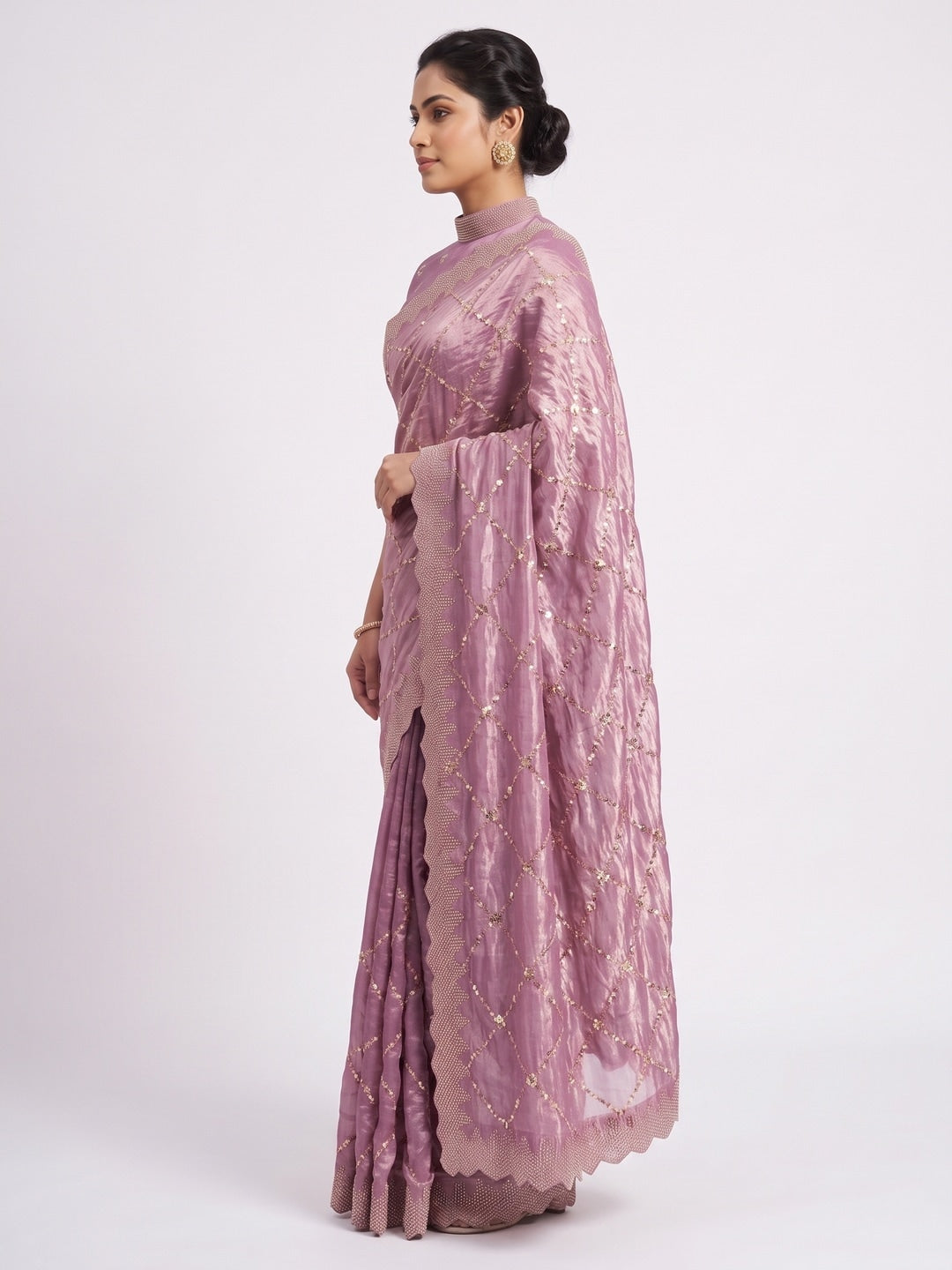 Peachmode Mauve Fendy Satin Sequins Embellished Saree - Image 3