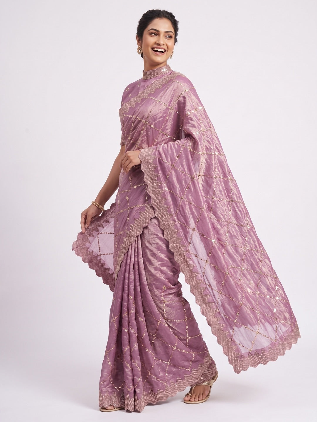 Peachmode Mauve Fendy Satin Sequins Embellished Saree - Image 4