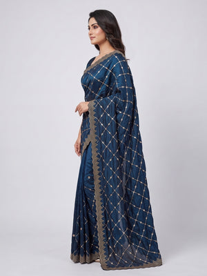 Peachmode Navy Blue Fendy Satin Sequins Embellished Saree - Image 2