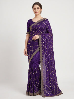 Peachmode Purple Fendy Satin Sequins Embellished Saree - Image 1
