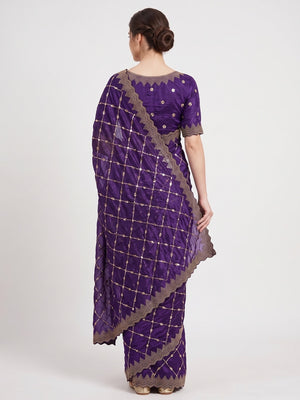 Peachmode Purple Fendy Satin Sequins Embellished Saree - Image 2