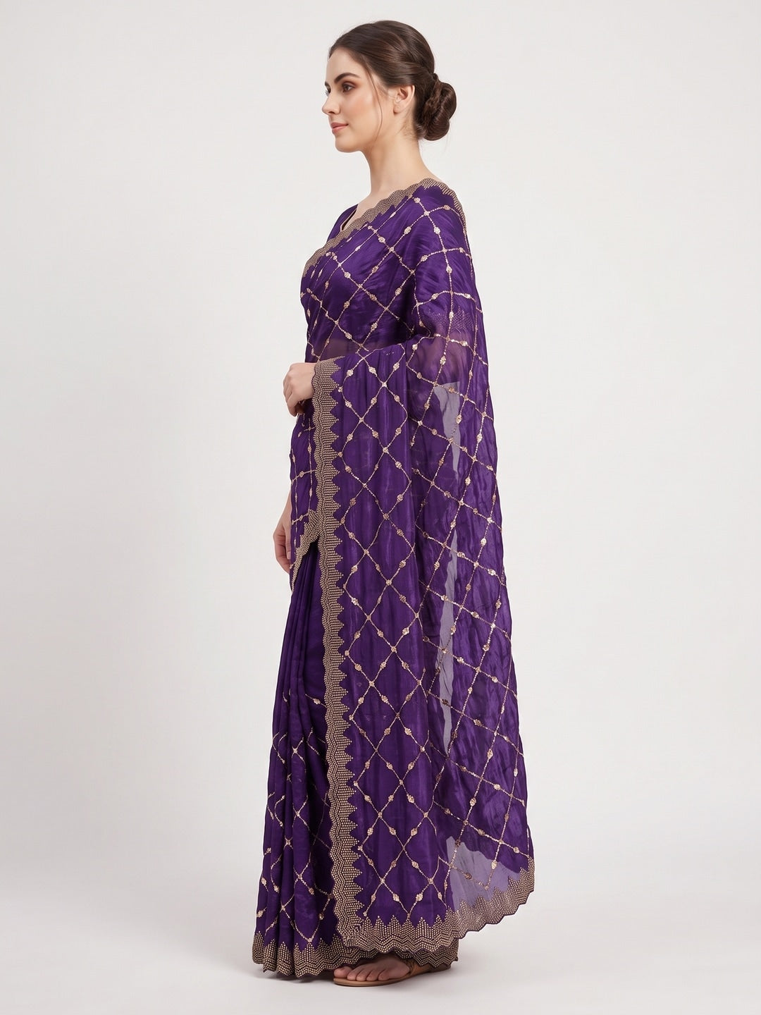 Peachmode Purple Fendy Satin Sequins Embellished Saree - Image 3