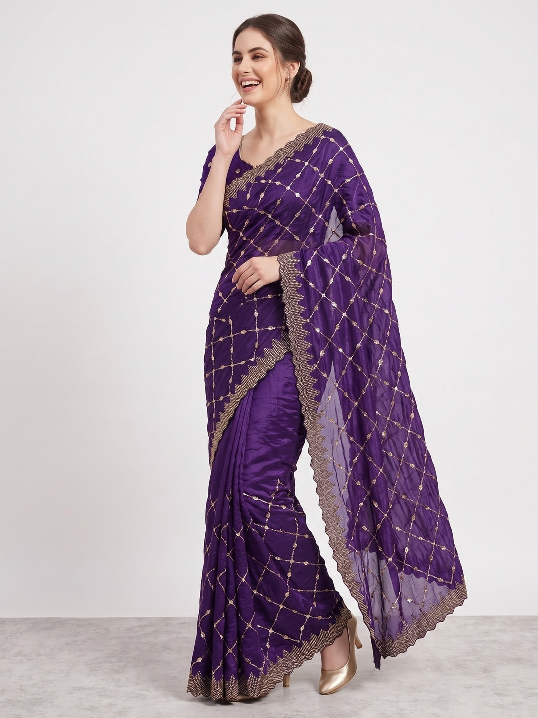 Peachmode Purple Fendy Satin Sequins Embellished Saree - Image 4