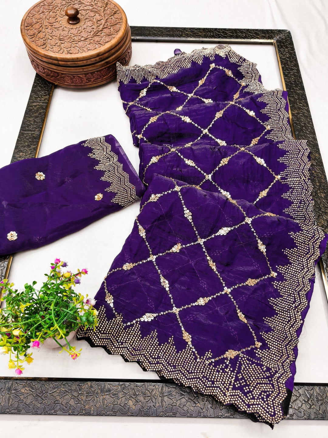 Peachmode Purple Fendy Satin Sequins Embellished Saree - Image 5