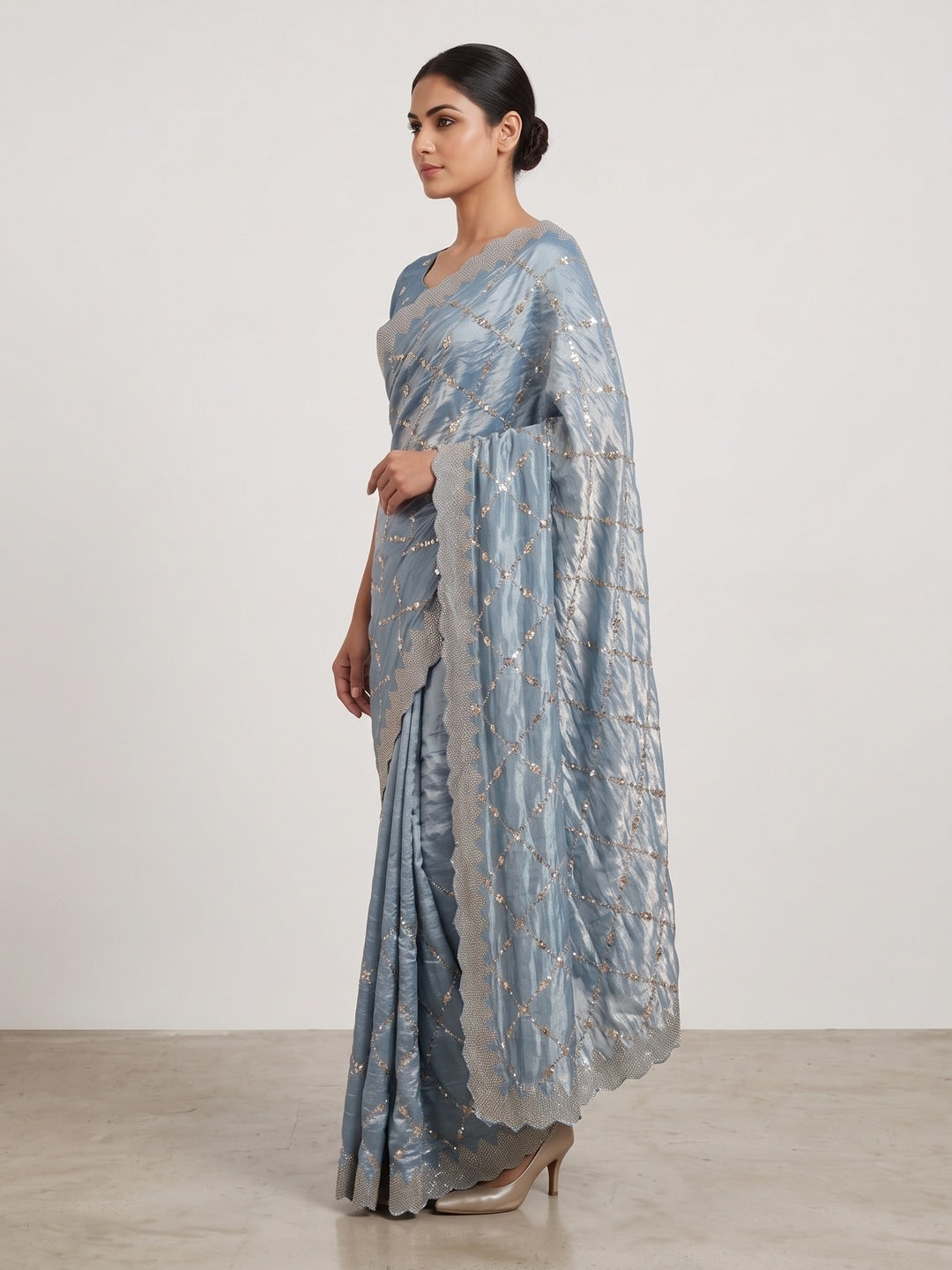 Peachmode Light Blue Fendy Satin Sequins Embellished Saree - Image 3