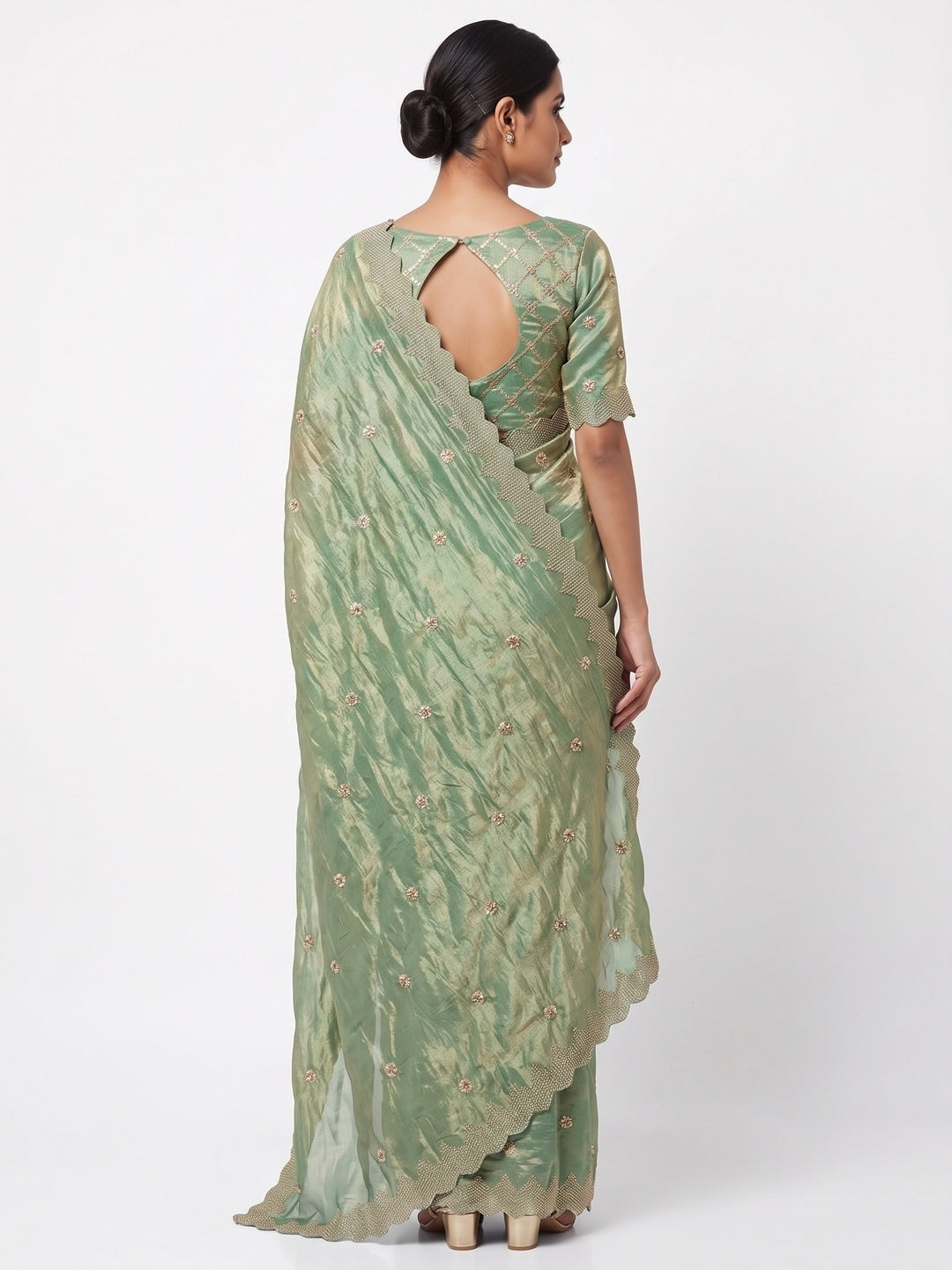 Peachmode Sea Green Fendy Satin Sequins Embellished Saree - Image 2