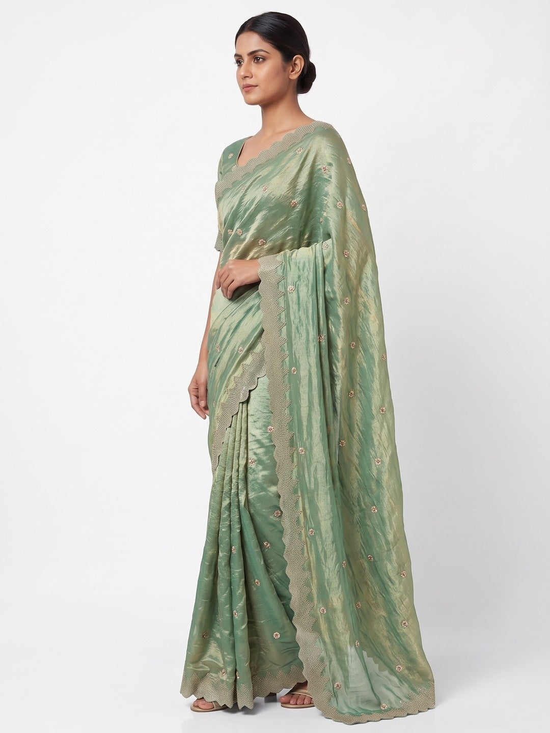 Peachmode Sea Green Fendy Satin Sequins Embellished Saree - Image 3