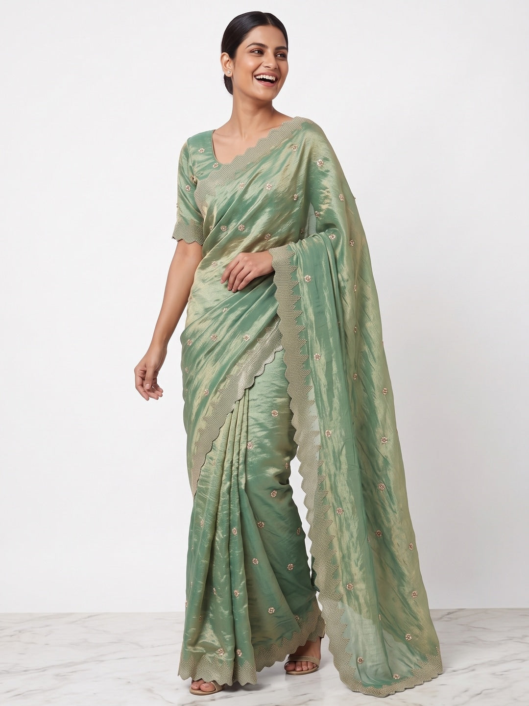 Peachmode Sea Green Fendy Satin Sequins Embellished Saree - Image 4