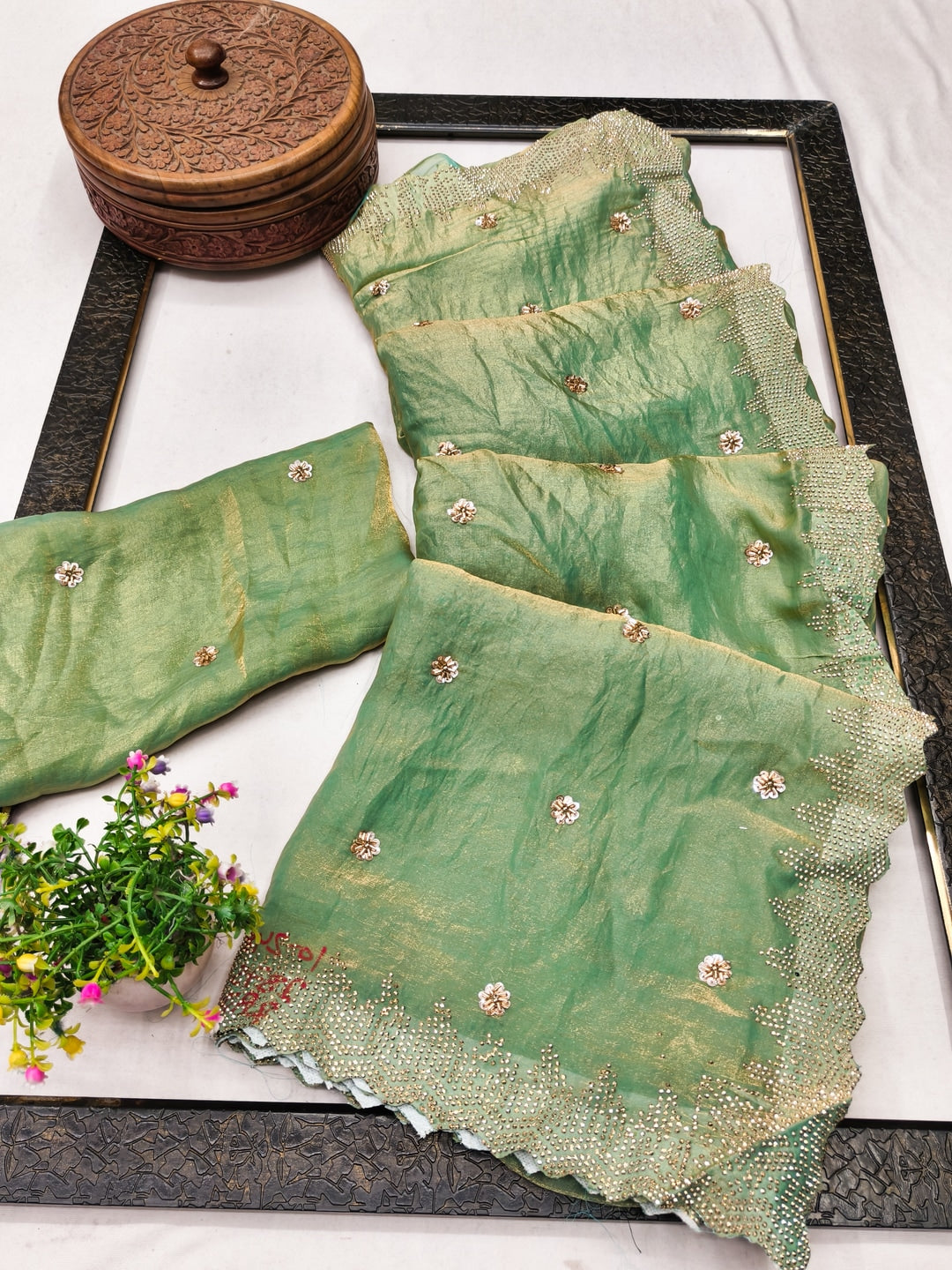 Peachmode Sea Green Fendy Satin Sequins Embellished Saree - Image 5