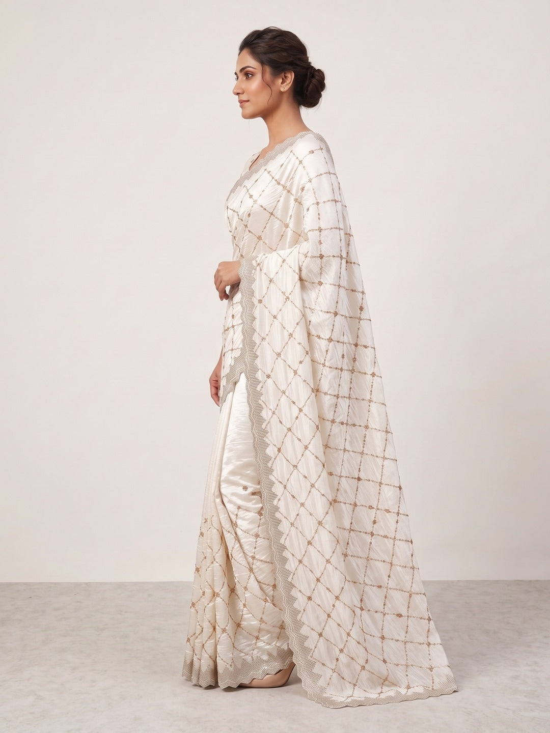 Peachmode Off White Fendy Satin Sequins Embellished Saree - Image 3
