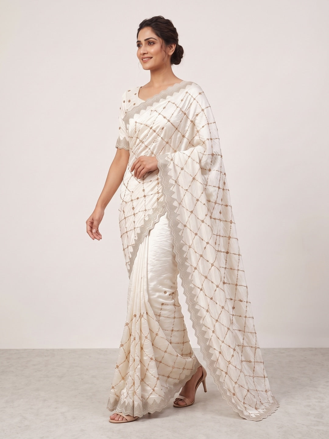 Peachmode Off White Fendy Satin Sequins Embellished Saree - Image 4