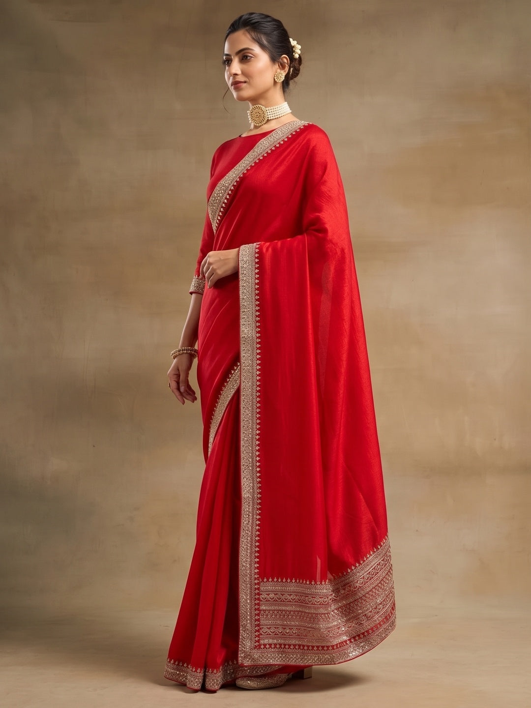Peachmode Red Vichitra Silk Zari Embroidered Saree - Image 5
