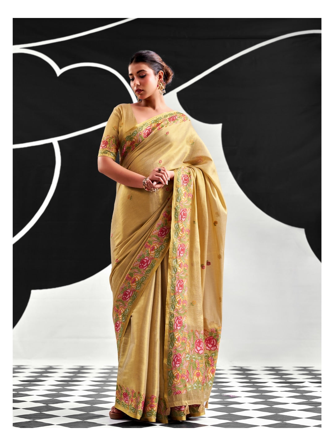 Peachmode Beige Floral Embroidered Tissue Silk Saree - Image 1