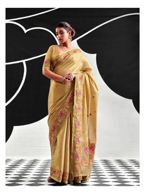 Peachmode Beige Floral Embroidered Tissue Silk Saree - Image 1