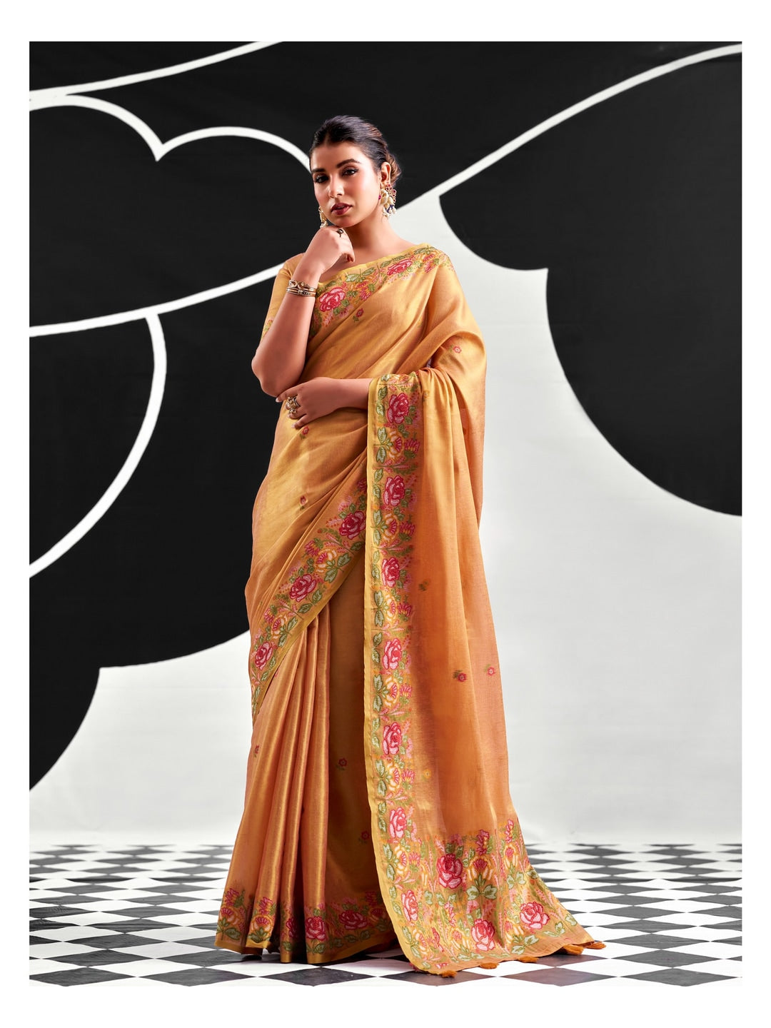 Peachmode Peach Floral Embroidered Tissue Silk Saree - Image 1