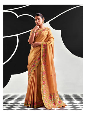 Peachmode Peach Floral Embroidered Tissue Silk Saree - Image 1