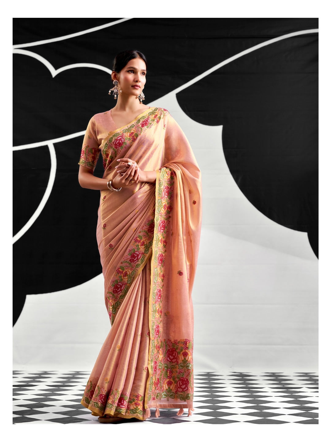 Peachmode Pink Floral Embroidered Tissue Silk Saree - Image 1
