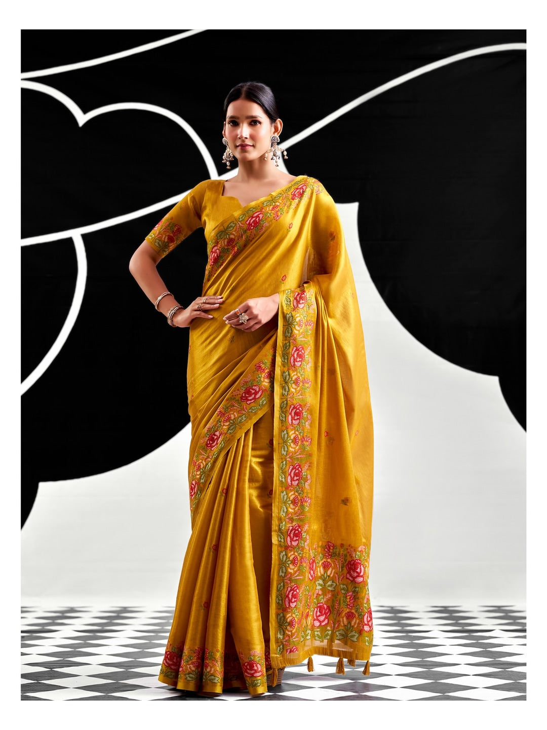 Peachmode Mustard Floral Embroidered Tissue Silk Saree - Image 1