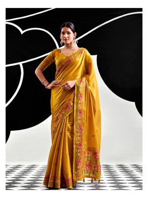 Peachmode Mustard Floral Embroidered Tissue Silk Saree - Image 1