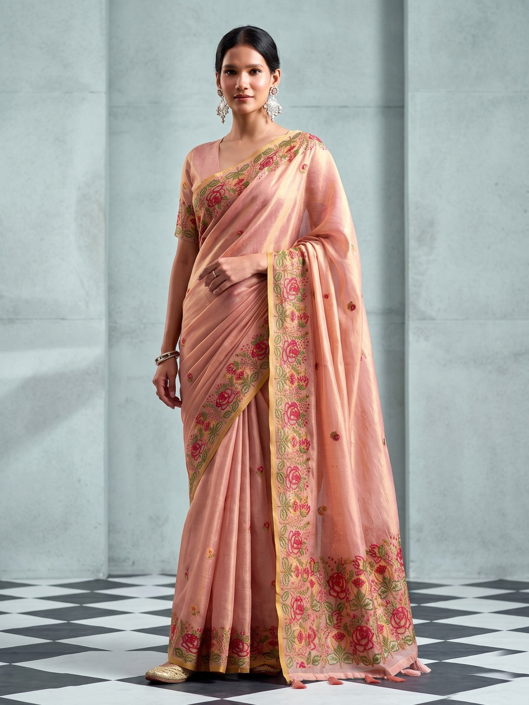 Peachmode Pink Floral Embroidered Tissue Silk Saree - Image 2