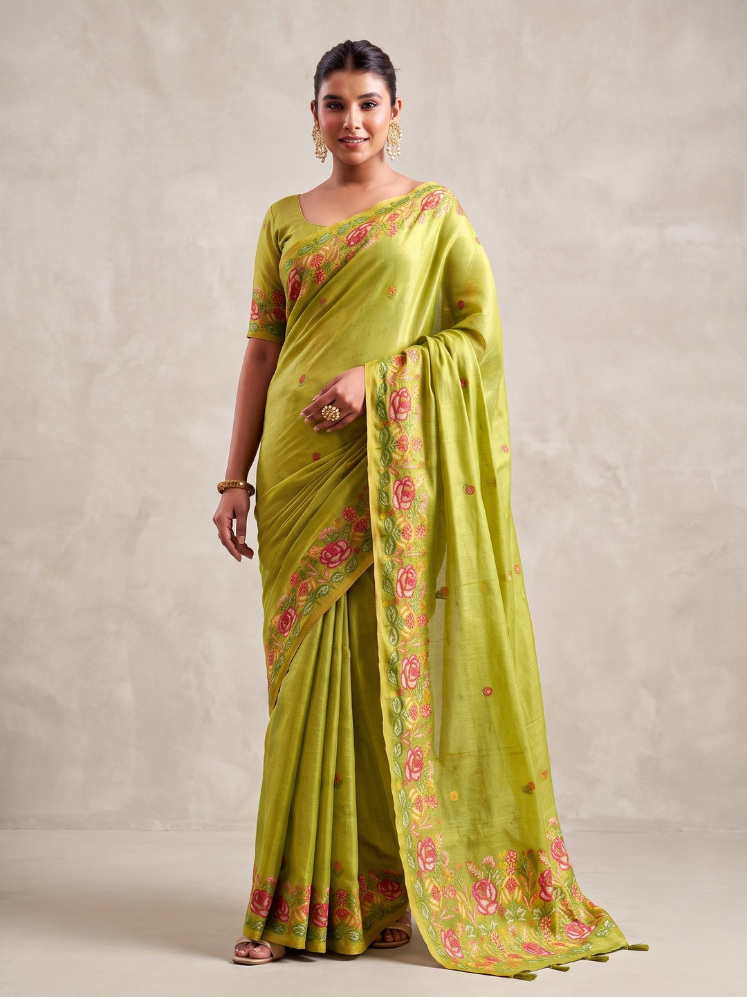 Peachmode Lime Green Floral Embroidered Tissue Silk Saree - Image 2