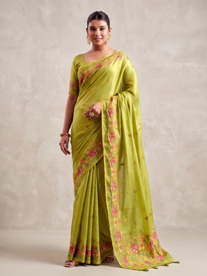 Peachmode Lime Green Floral Embroidered Tissue Silk Saree - Image 2