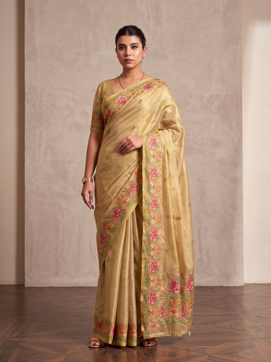 Peachmode Beige Floral Embroidered Tissue Silk Saree - Image 2