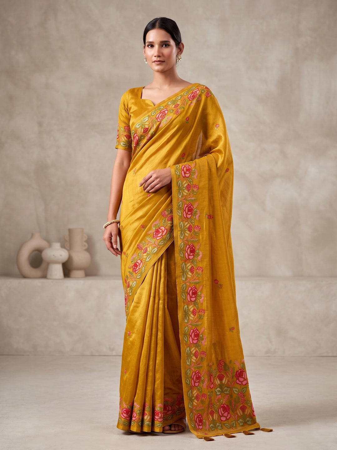 Peachmode Mustard Floral Embroidered Tissue Silk Saree - Image 2