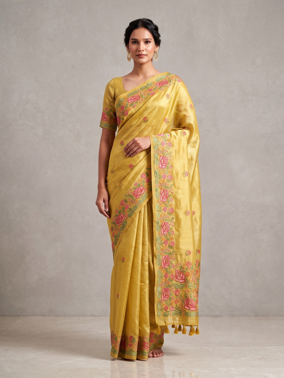 Peachmode Yellow Floral Embroidered Tissue Silk Saree - Image 2