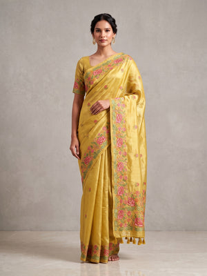 Peachmode Yellow Floral Embroidered Tissue Silk Saree - Image 2