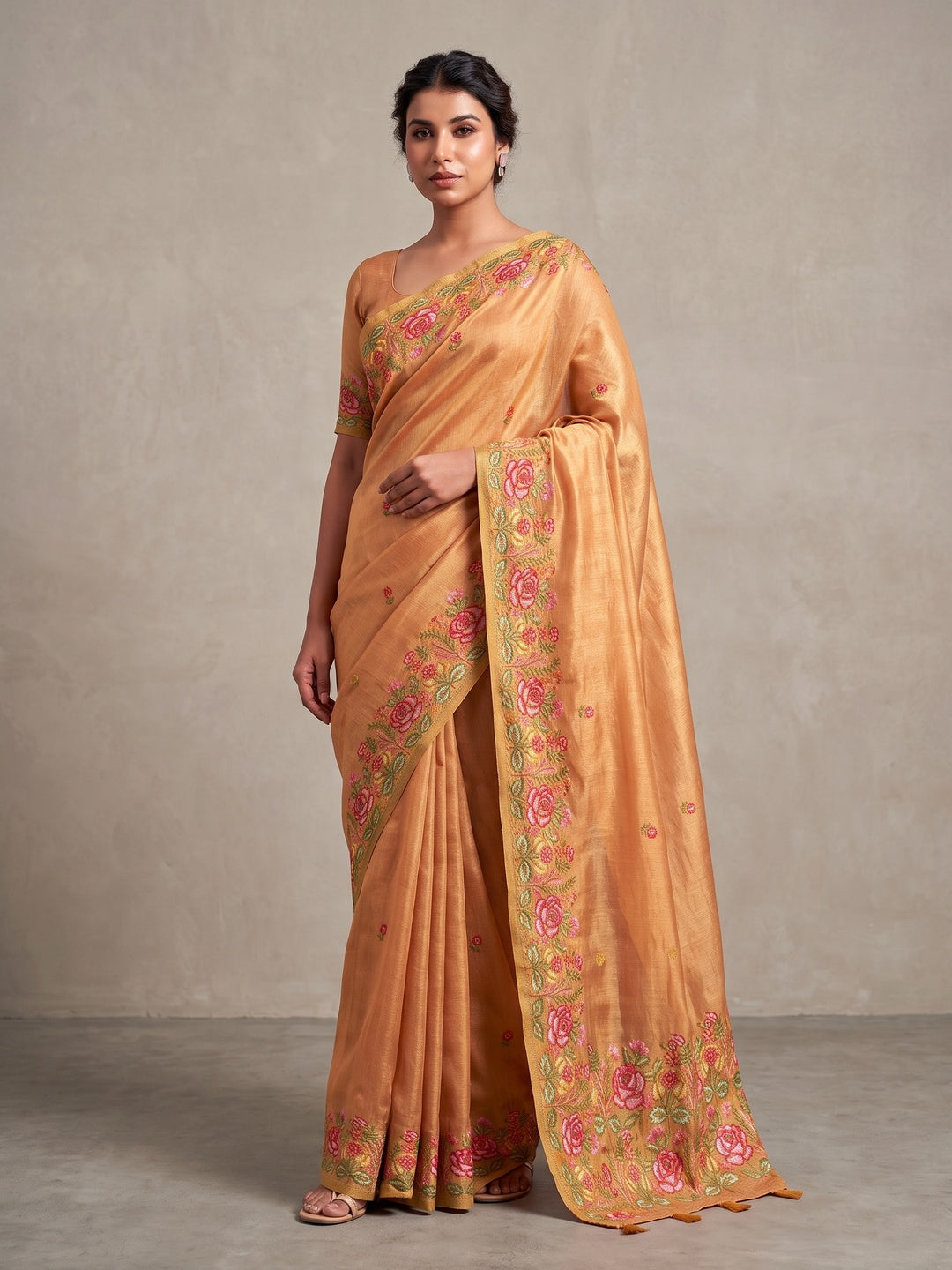 Peachmode Peach Floral Embroidered Tissue Silk Saree - Image 2