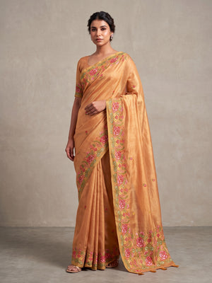 Peachmode Peach Floral Embroidered Tissue Silk Saree - Image 2