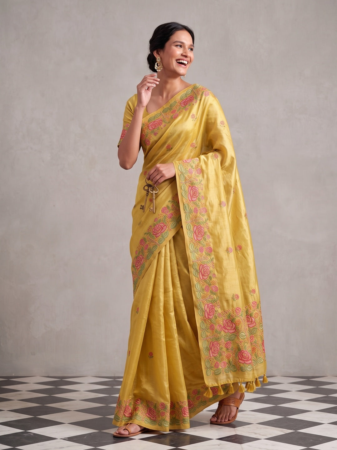 Peachmode Yellow Floral Embroidered Tissue Silk Saree - Image 3