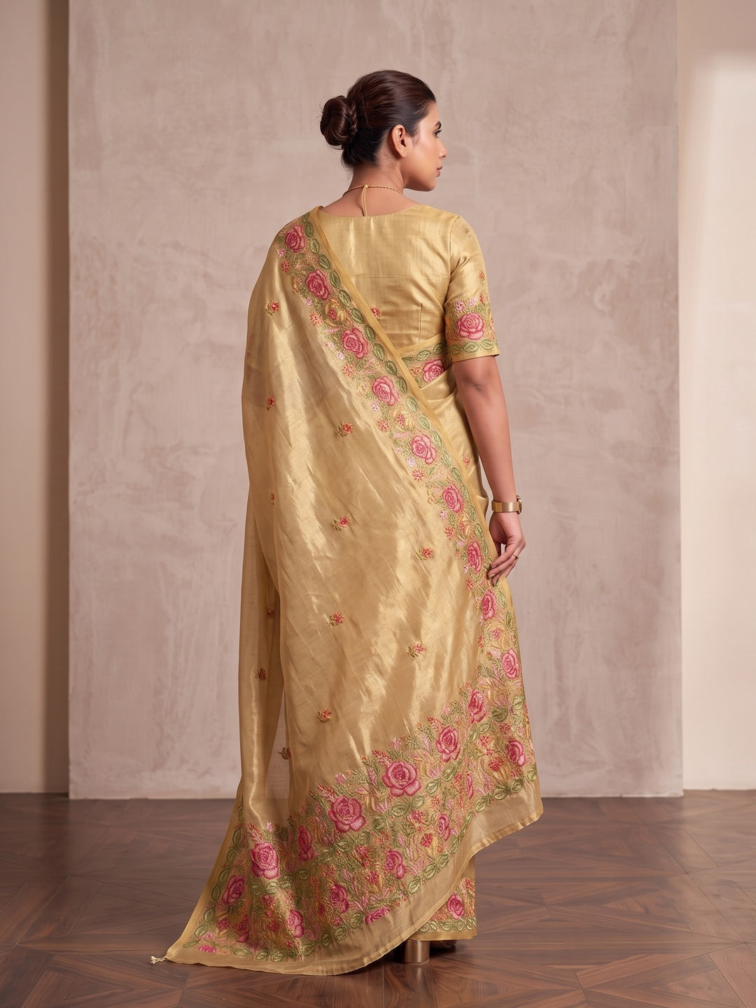 Peachmode Beige Floral Embroidered Tissue Silk Saree - Image 3