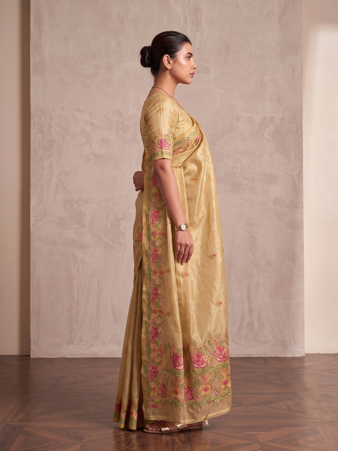 Peachmode Beige Floral Embroidered Tissue Silk Saree - Image 4