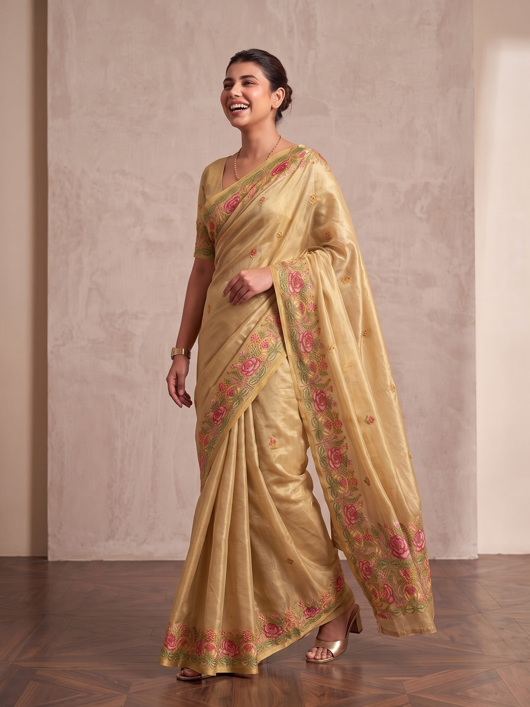 Peachmode Beige Floral Embroidered Tissue Silk Saree - Image 5