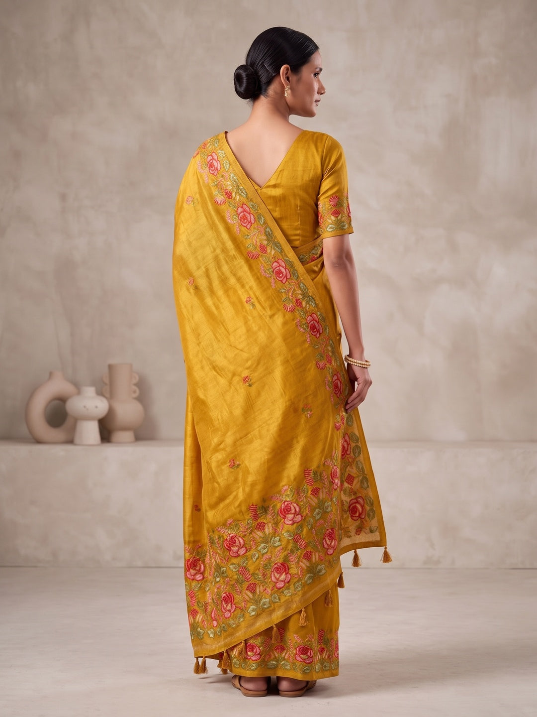Peachmode Mustard Floral Embroidered Tissue Silk Saree - Image 3