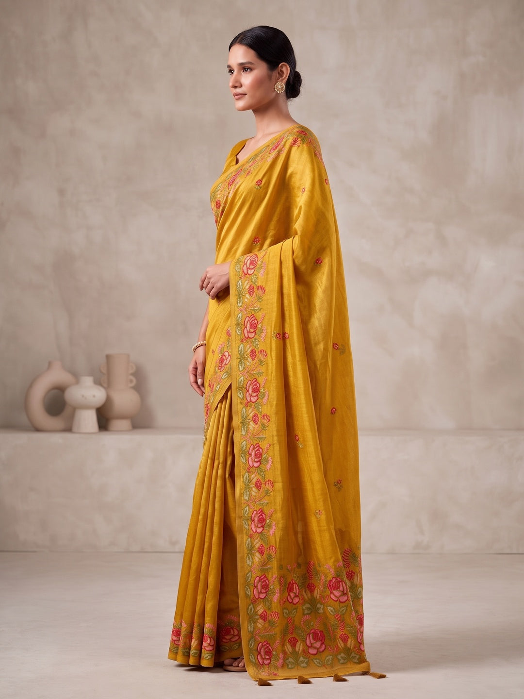 Peachmode Mustard Floral Embroidered Tissue Silk Saree - Image 4