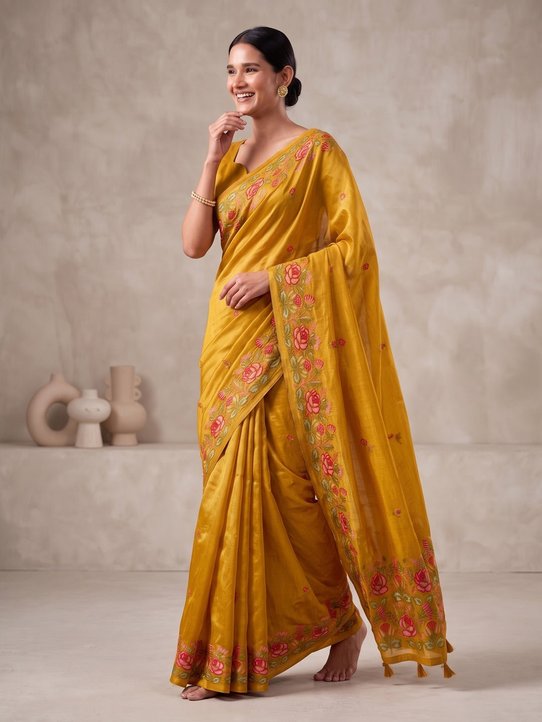 Peachmode Mustard Floral Embroidered Tissue Silk Saree - Image 5