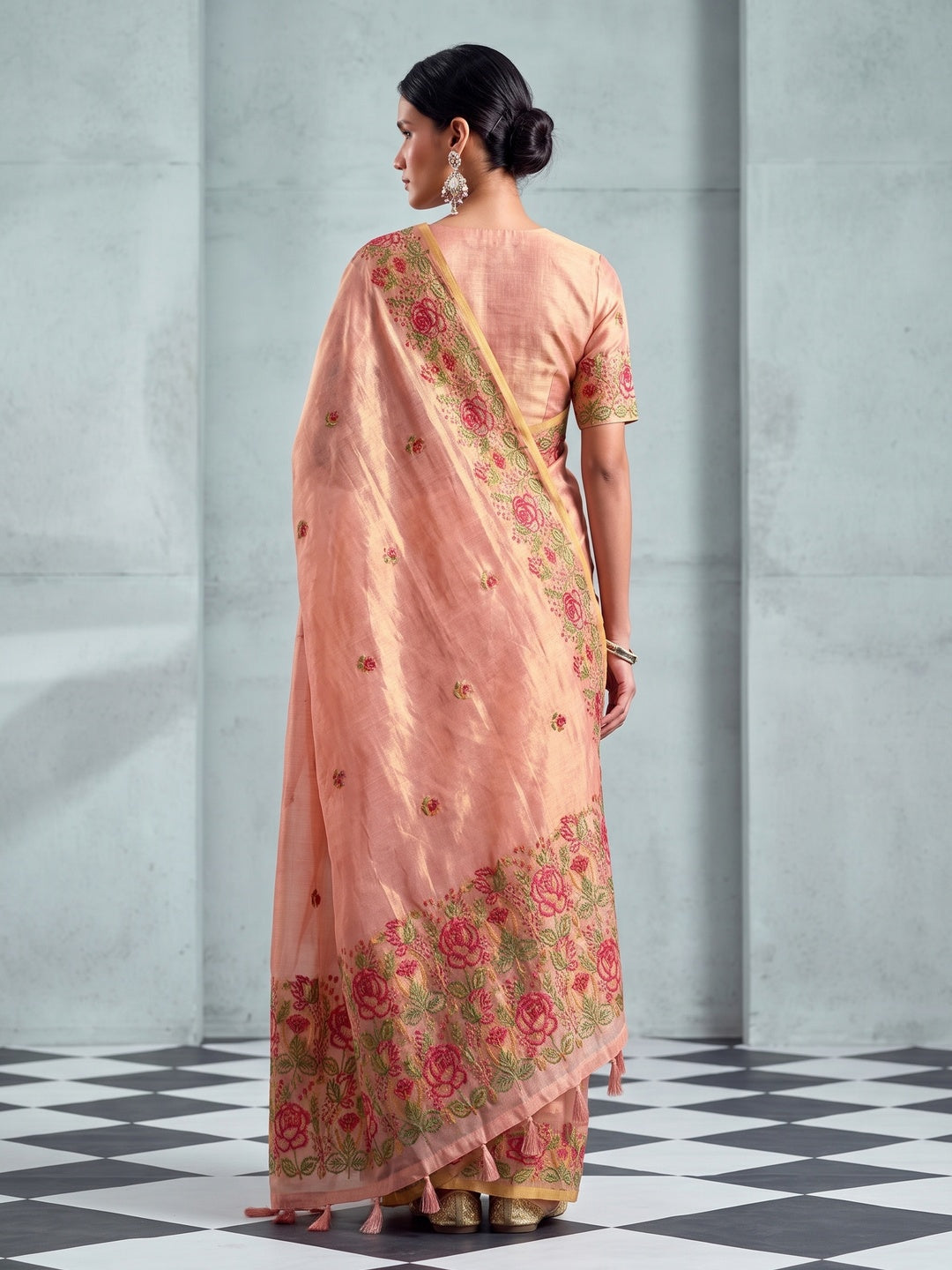 Peachmode Pink Floral Embroidered Tissue Silk Saree - Image 3