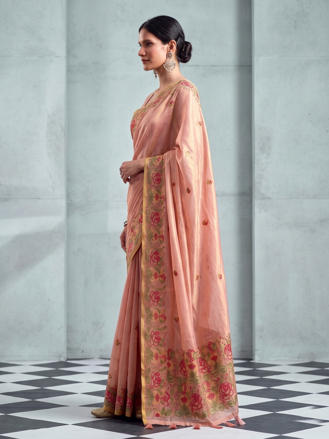 Peachmode Pink Floral Embroidered Tissue Silk Saree - Image 4